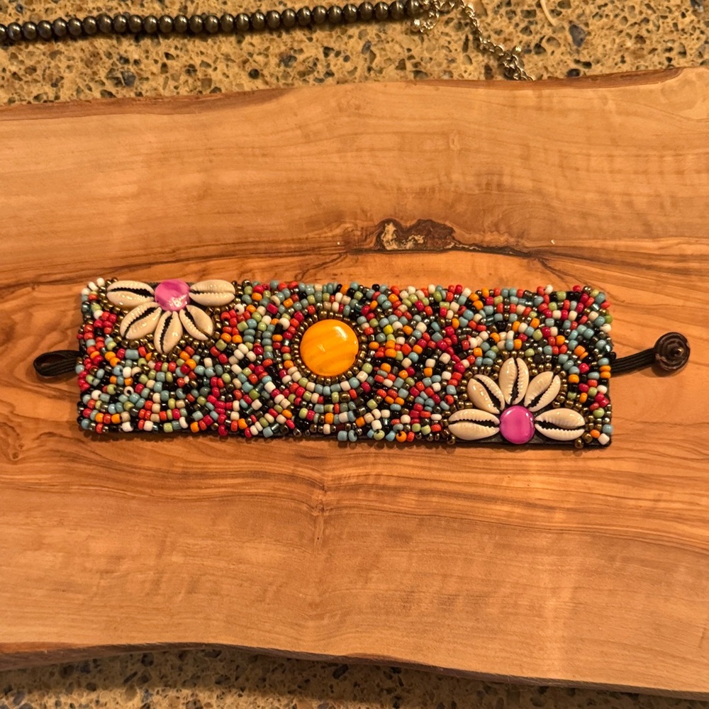 Beaded Multi-Color Shell Flower Bracelet with Yellow Center  Festival Ready!